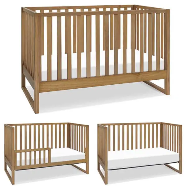 The Davinci Hunter 3-in-1 convertible crib's transformations: a crib, a toddler bed with a safety guardrail, and a daybed.