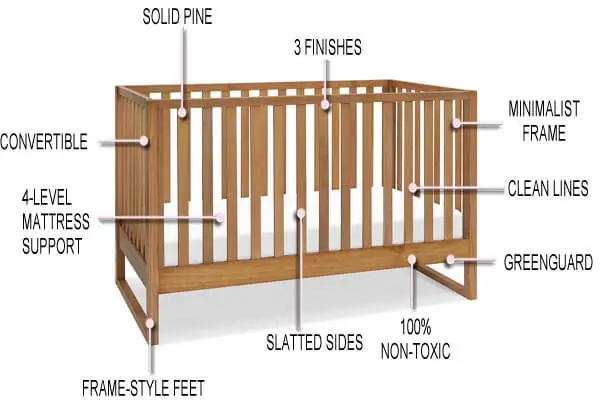 Features of the DaVinci Hunter 3-in-1 Convertible Crib: Solid pine, 4-level mattress support, frame-style feet, minimalist frame, and 100% non-toxic finishes.