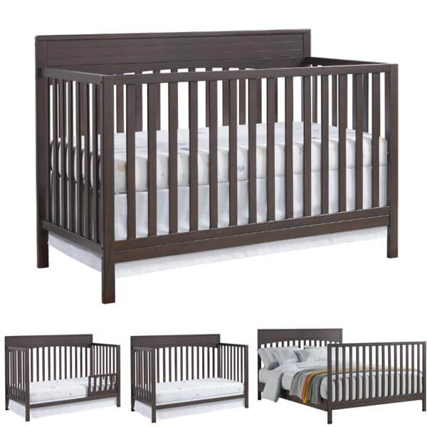 The Oxford Baby Harper 4-in-1 convertible crib's transformations: a crib, a toddler bed with a safety guardrail, a daybed, and a full-size bed with a headboard and footboard.