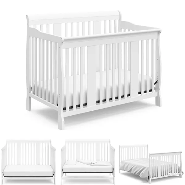 The Storkcraft Tuscany 4-in-1 convertible crib's transformations: a crib, a toddler bed, a daybed, and a full-size bed with a headboard and footboard.