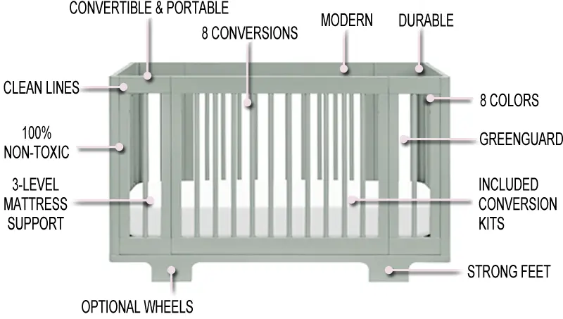 Features of the Babyletto Yuzu 8-in-1 convertible crib: convertible and portable, eight conversions, included conversion kits, modern, clean lines, durable, strong feet, optional wheels, non-toxic, Greenguard, and three-level mattress support.